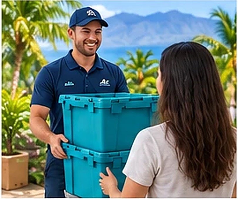 A Maui Moving Boxes driver hands a tote to a customer