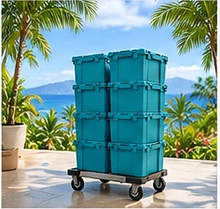Stacked totes on a dolly with an ocean view